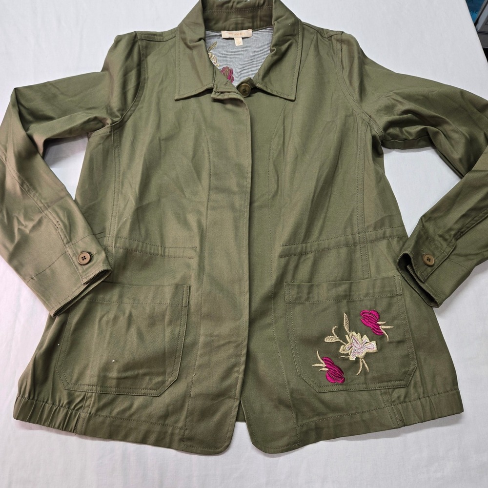 Stars Are Blue Women's XS Green Floral Embroidered Utility Jacket Coat